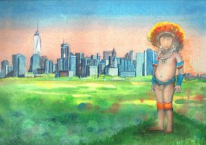 Amazon Boy next to city painting